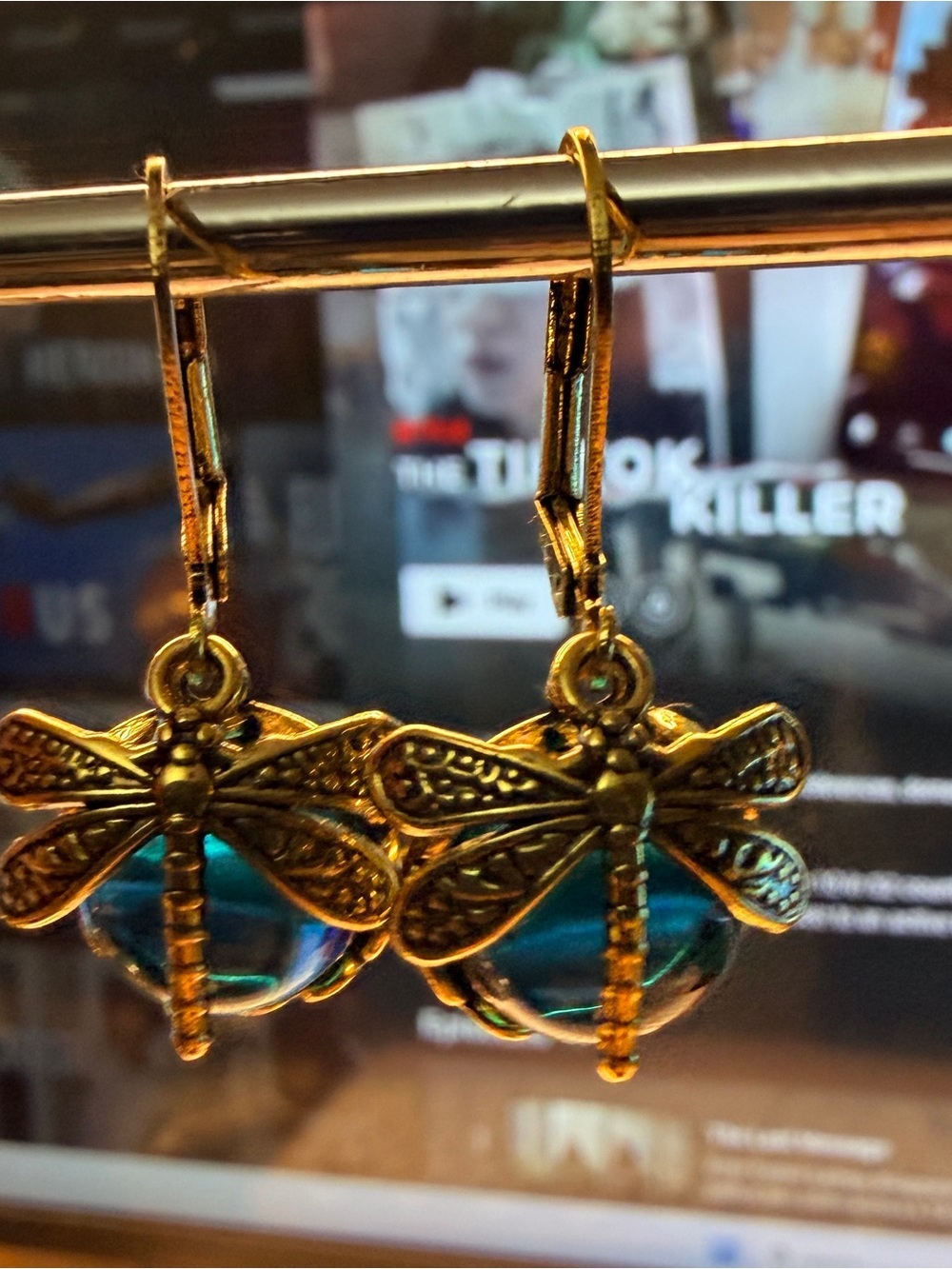 Vintage-Inspired Gold Dragonfly Dangle Earrings with Teal Glass